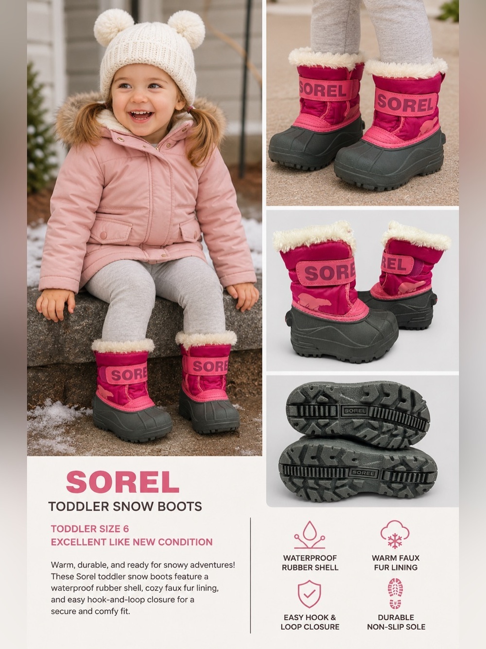 Sorel Toddler Snow Boots Pink & Black Faux Fur Winter Boots | Toddler Size 6